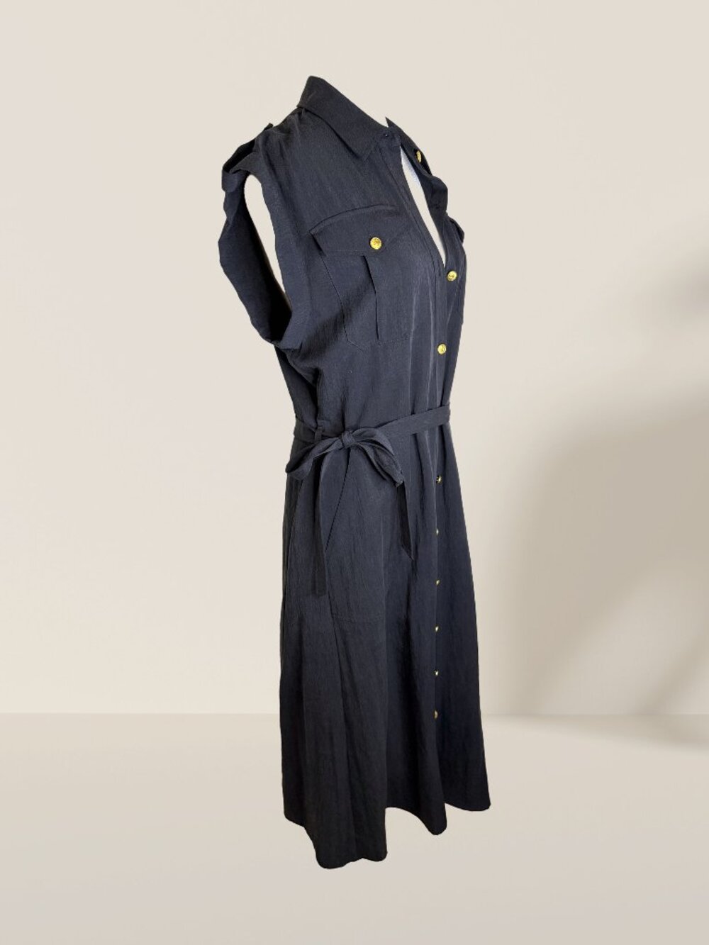 rag & bone Navy Roxanne Sleeveless Shirt Dress Size M | Gold Buttons Belted Midi - Picture 5 of 10